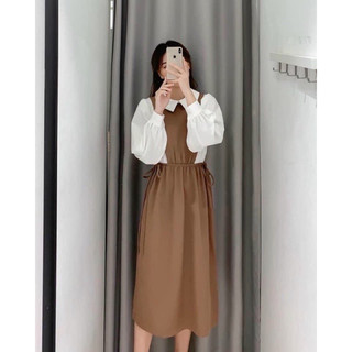 Đầm nâu phối trắng công sở thanh lịch