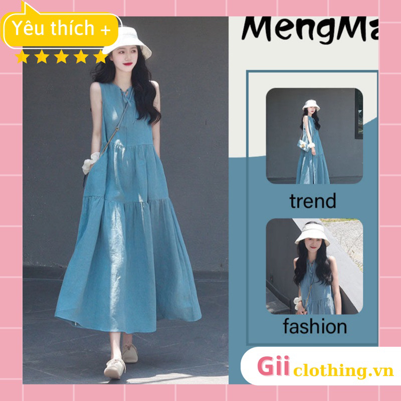 Váy ba lỗ xoè tầng dáng dài màu xanh phong cách Hàn Quốc nhẹ nhàng dễ thương (Có ảnh thật)