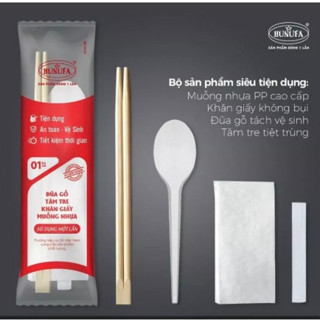 [90 bộ] Đũa Muỗng Tăm Khăn Giấy dùng một lần (từng bịch nhựa riêng được hàn kín), hàng cao cấp công ty Hunufa