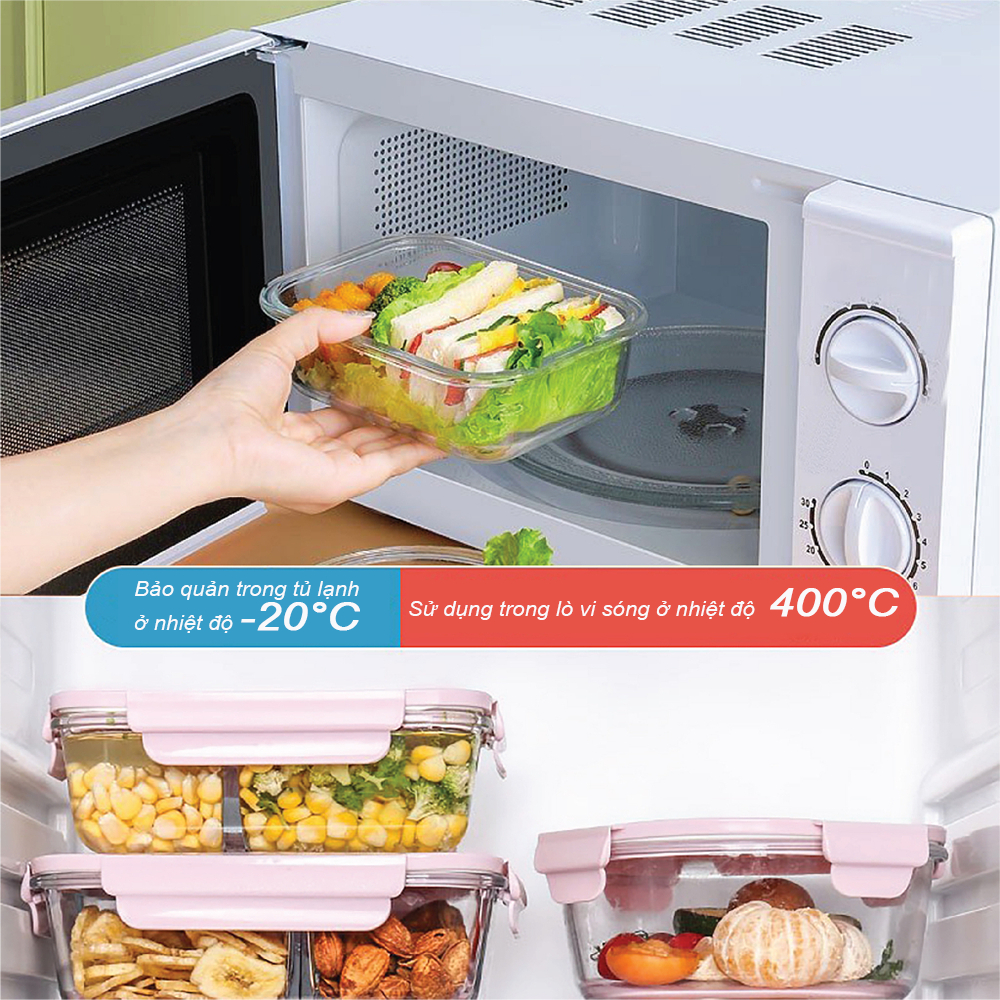 Máy+Hộp thủy tinh 2 ngăn CHÂN KHÔNG ghi nhớ ngày tháng Đựng cơm văn phòng,Bảo quản thực phẩm hút chân không