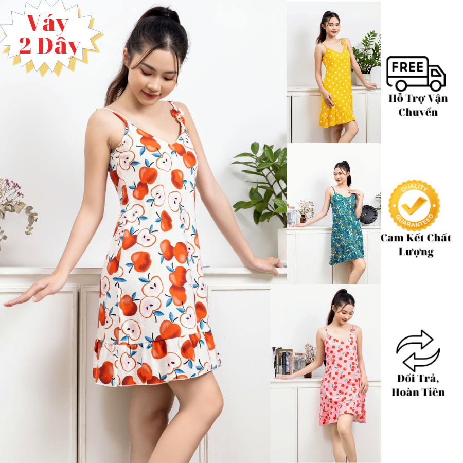 Váy Ngủ Hai Dây Đầm Ngủ Thun Cotton Mềm Mịn Có Miếng Mod Lót Ngực; Phom Chữ A, Chân Xếp Ly; Mặc Nhà Hay Đi Chơi 42-75kg