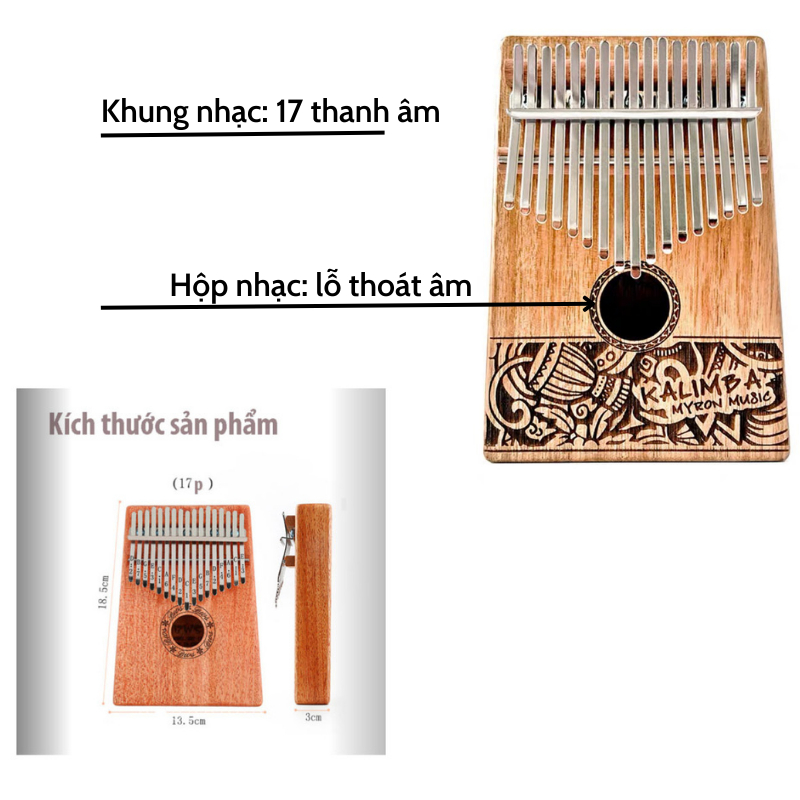 Đàn piano Kalimba  Cao cấp Bằng gỗ 17 phím sử dụng bằng ngón tay cái - Đàn Kalimba kèm đủ phụ kiện