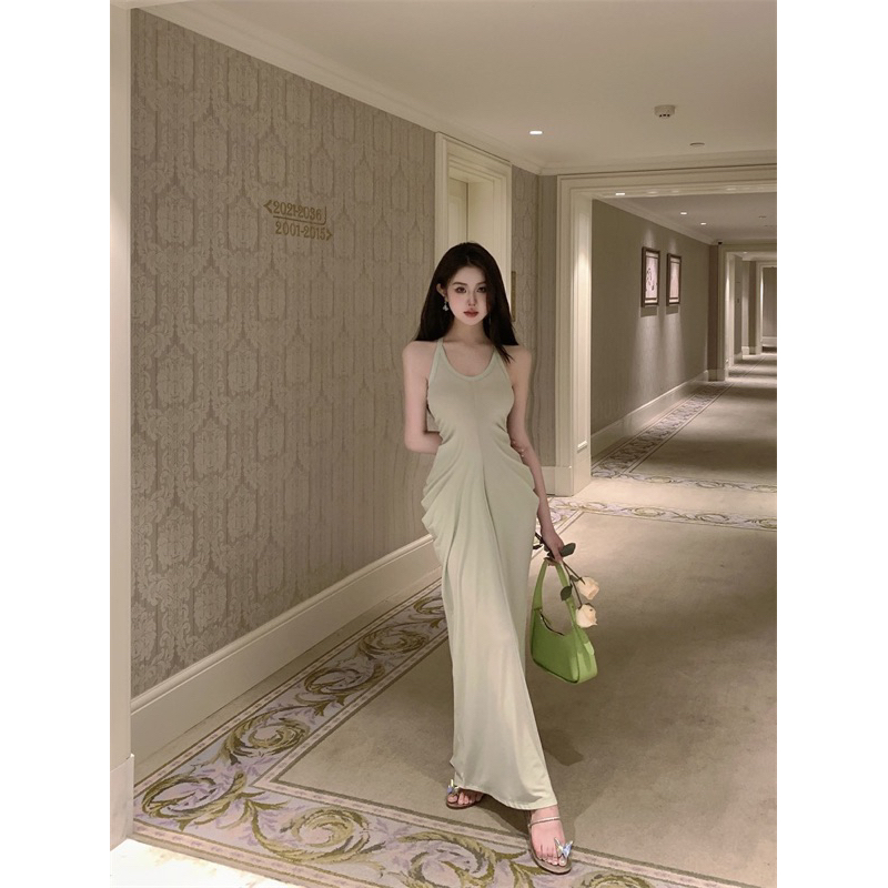 Váy 2 dây body cổ tròn chiết eo dáng dài xanh pastel ulzzang tiểu thư tôn dáng siu xinh sang