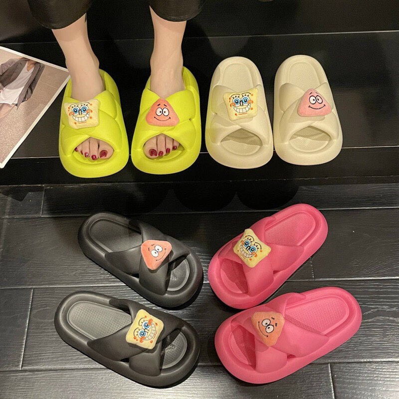 Ảnh thật Mã SR43 dép nữ bánh mỳ quai chéo đế cao gắn sticker hoạt hình dễ thương