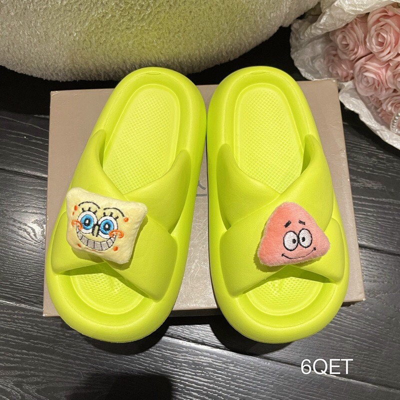 Ảnh thật Mã SR43 dép nữ bánh mỳ quai chéo đế cao gắn sticker hoạt hình dễ thương