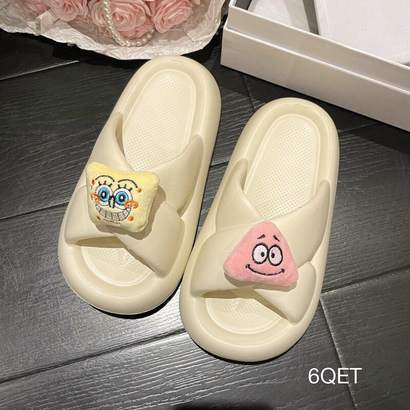 Ảnh thật Mã SR43 dép nữ bánh mỳ quai chéo đế cao gắn sticker hoạt hình dễ thương