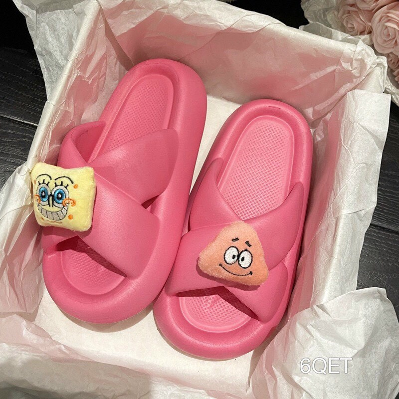 Ảnh thật Mã SR43 dép nữ bánh mỳ quai chéo đế cao gắn sticker hoạt hình dễ thương