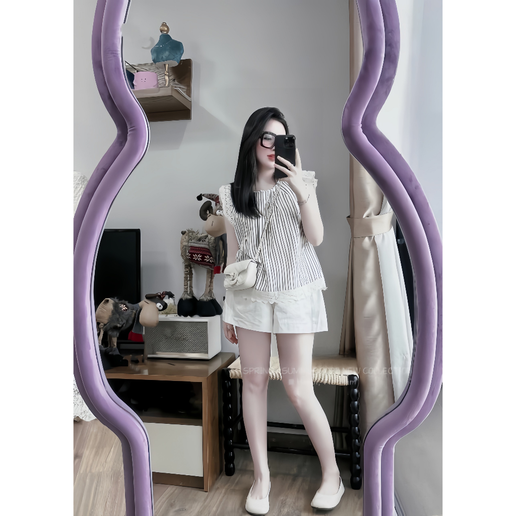 Set đồ nữ mùa hè, áo kẻ tay ren cánh tiên + quần chéo hàn cao cấp siêu mát Jullie.De' Clothing