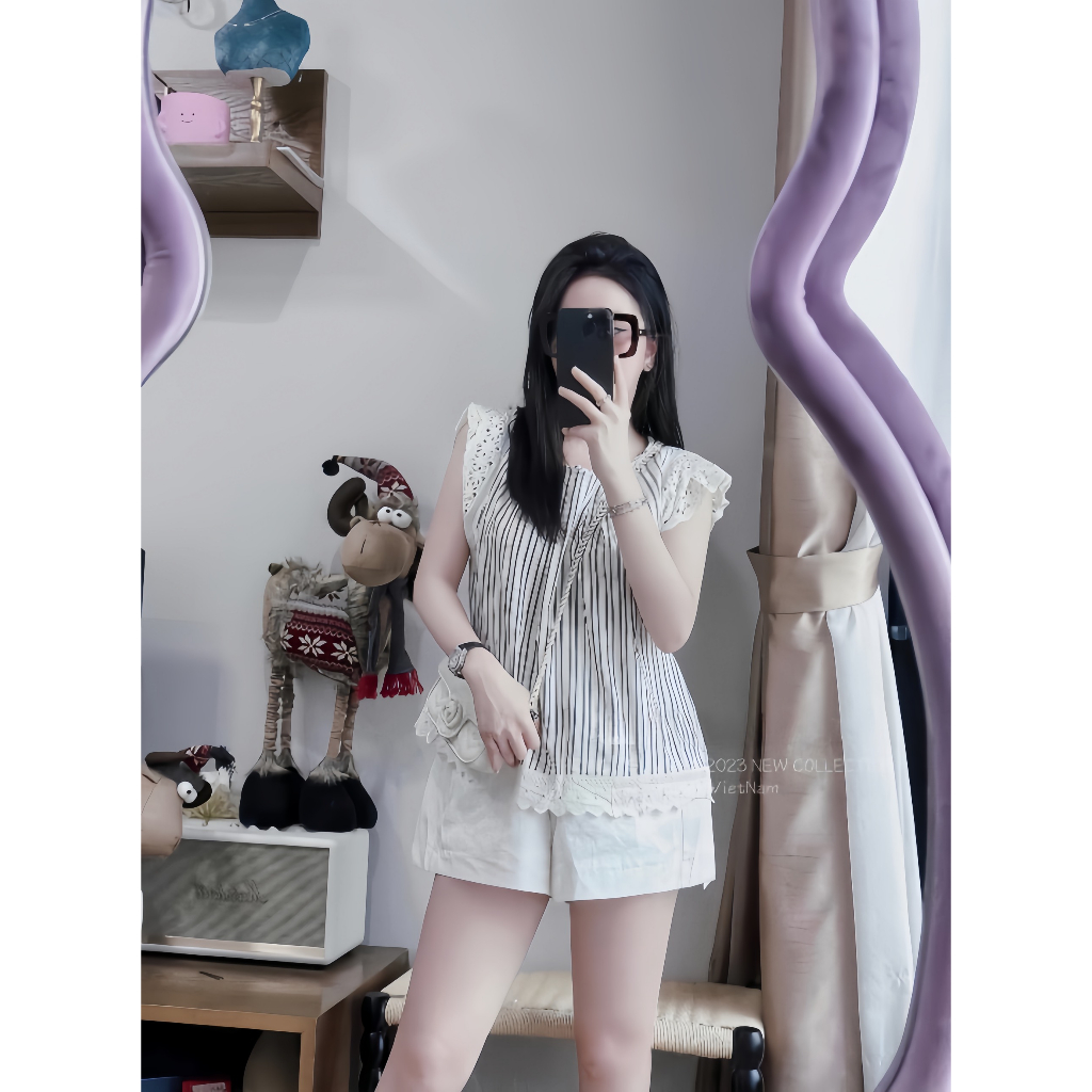 Set đồ nữ mùa hè, áo kẻ tay ren cánh tiên + quần chéo hàn cao cấp siêu mát Jullie.De' Clothing