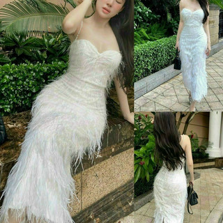 Đầm lông vũ kết cườm vai thiết kế siêu xinh tôn dáng, ôm body tốt
