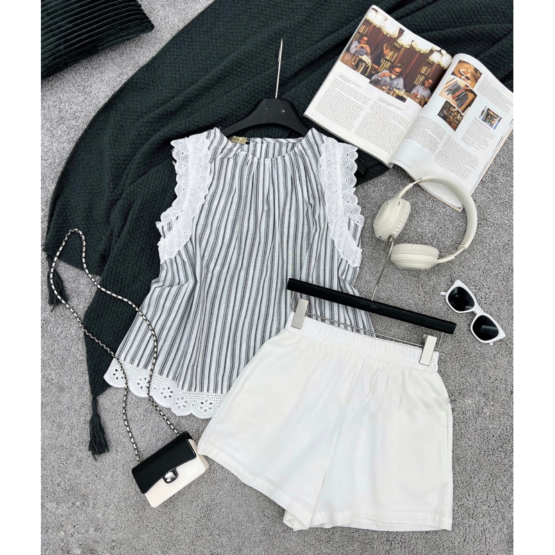 Set đồ nữ mùa hè, áo kẻ tay ren cánh tiên + quần chéo hàn cao cấp siêu mát Jullie.De' Clothing