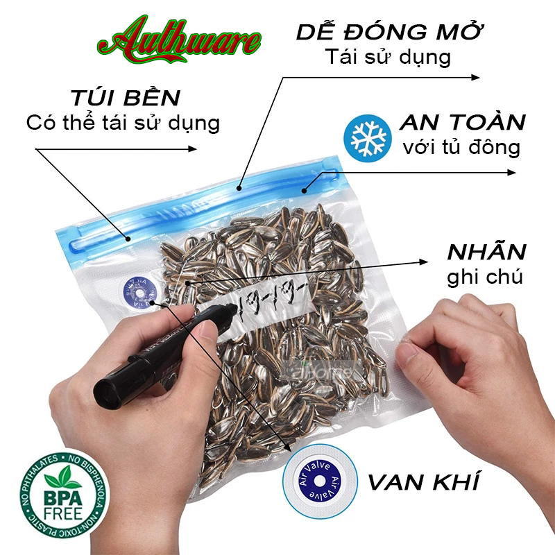 Túi Zip hút chân không bảo quản thực phẩm An toàn- Tái sử dụng nhiều lần Size 30x34cm