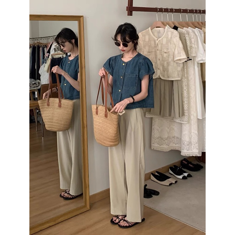 Áo denim túi ngực tay cộc 23'September