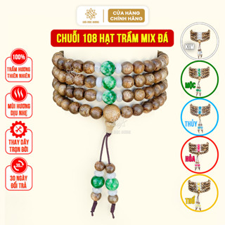  Vòng tay chuỗi 108 hạt trầm hương Sơn Mộc Hương mix đá phong thủy mệnh kim mộc thủy hỏa thổ tài lộc 