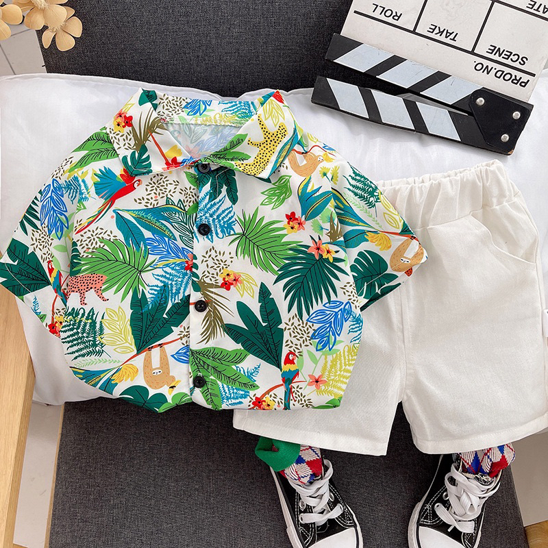 set áo sơ mi cộc tay quần short hoa lá đi biển mùa hè, bộ đồ bé trai cá tính dễ thương họa tiết rực rỡ