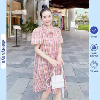 Đầm váy bầu công sở xinh cổ sơ mi kẻ caro trẻ trung dáng váy dễ mặc - đầm bầu babydoll mùa hè đẹp