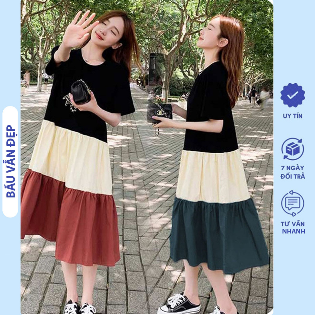 Đầm Váy Bầu Mùa Hè Chất Thun Cotton Thiết Kế 3 Tầng Thời Trang - Đầm Bầu Babydoll Xinh