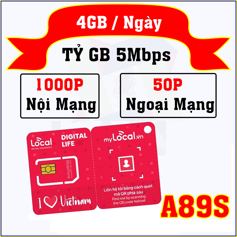 Sim 4G MobiFone my local A89 Data tốc độ cao không giới hạn 120Gb/tháng 4gb/ngày + Free goi chỉ với 89k/tháng