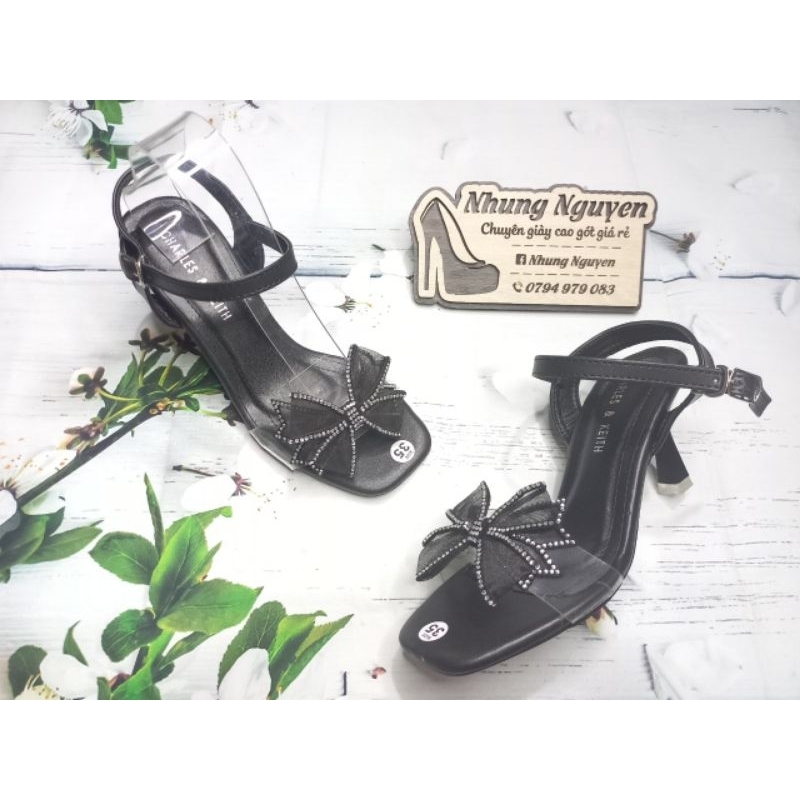 Sandals gót nơ đá đen