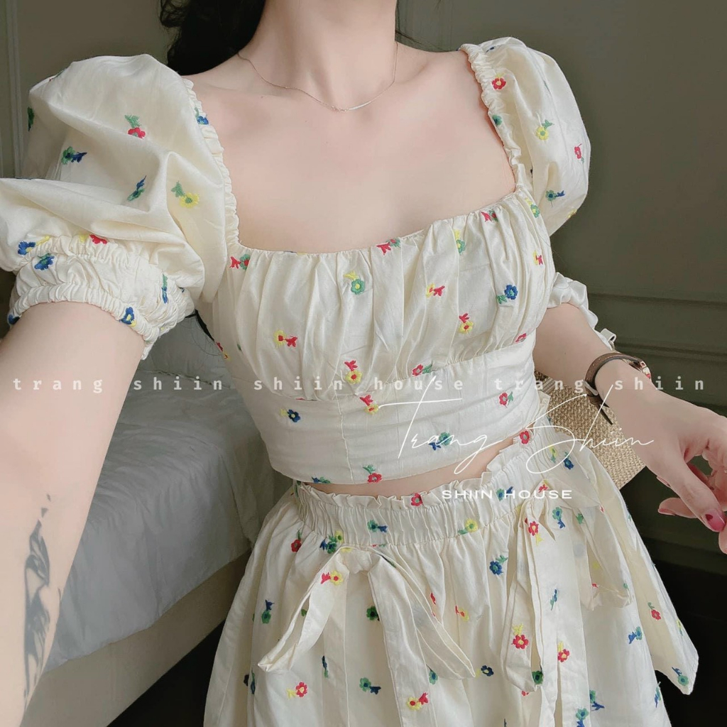 Sét Bộ Aó Croptop Tay Phồng Mix Quần Short Cạp Cao ống rộng,Sét Bộ Lụa Hoa Nhí Đi Chơi Dạo Phố Xinh Xĩu