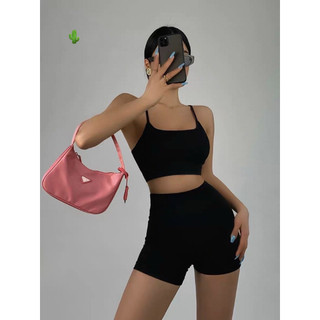 Sét bộ áo 2 dây croptop phối quần đùi body trơn thích hợp thể thao , chất thun gân mềm mát