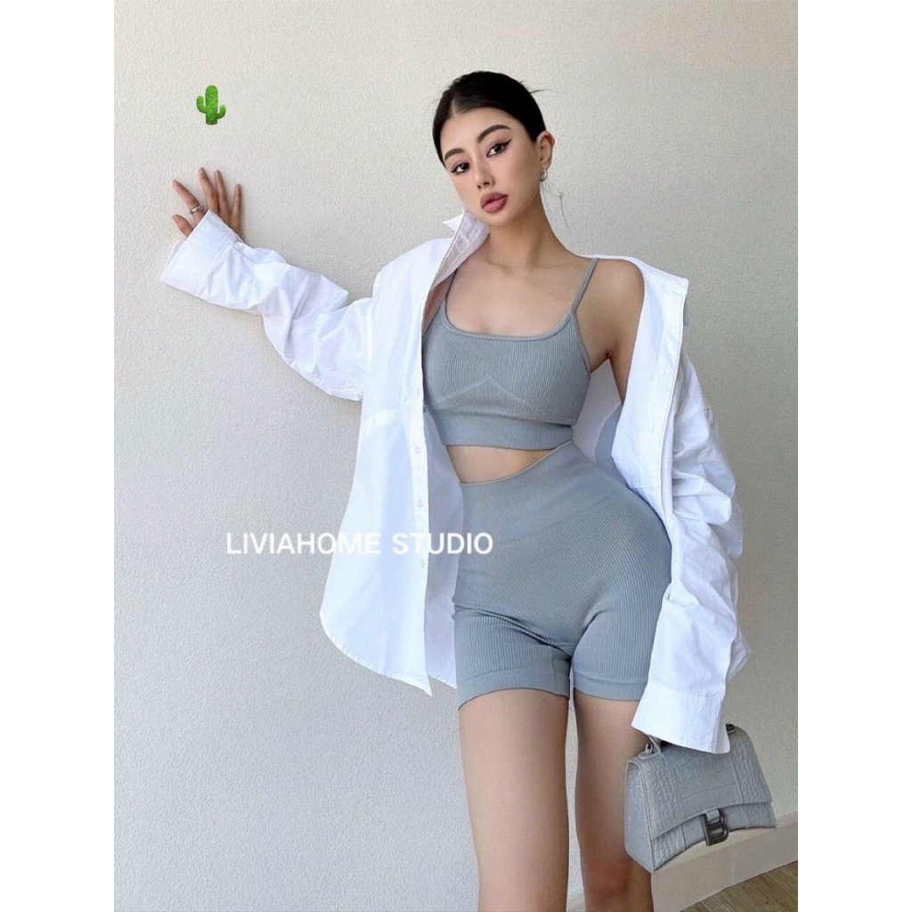 Sét bộ áo 2 dây croptop phối quần đùi body trơn thích hợp thể thao , chất thun gân mềm mát