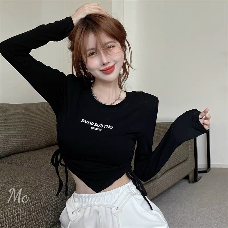 Áo tay dài vạt nhọn in chữ trước rút dây 2 bên croptop cực hot hit , chất thun gân mềm mịn dày dặn