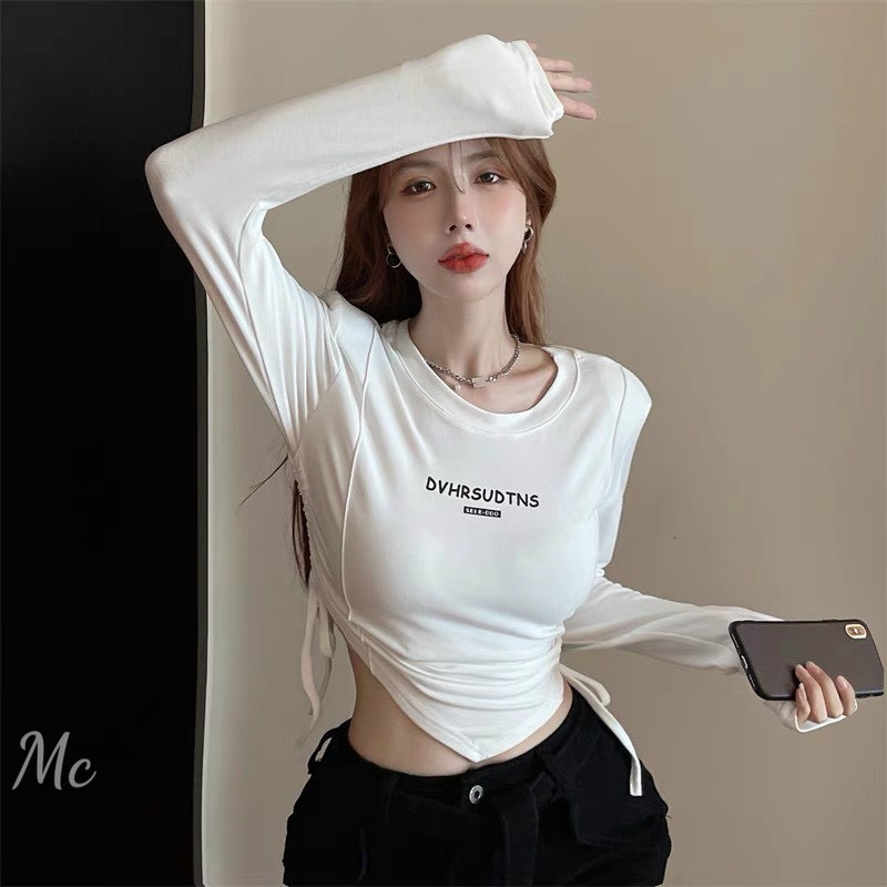 Áo tay dài vạt nhọn in chữ trước rút dây 2 bên croptop cực hot hit , chất thun gân mềm mịn dày dặn