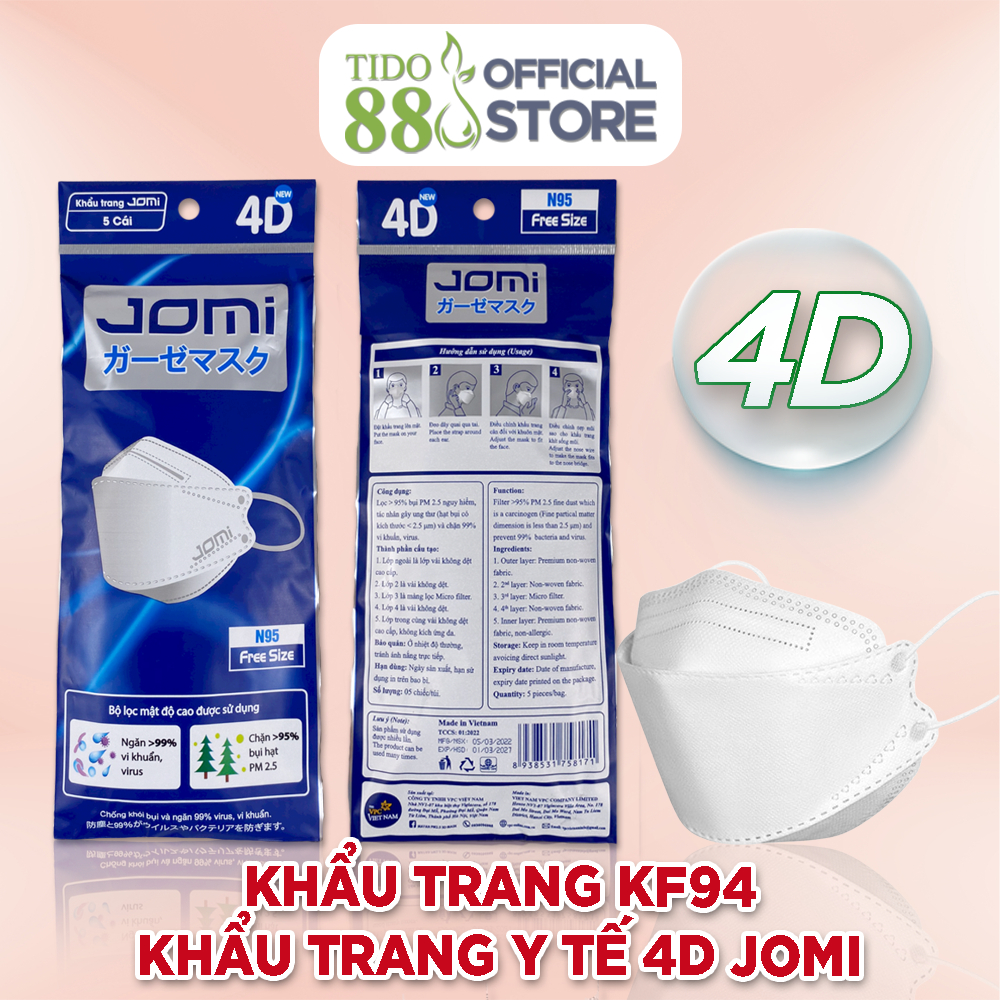 Khẩu trang KF94 khẩu trang y tế 4D Jomi lọc bụi mịn túi 5 cái NPP Tido88
