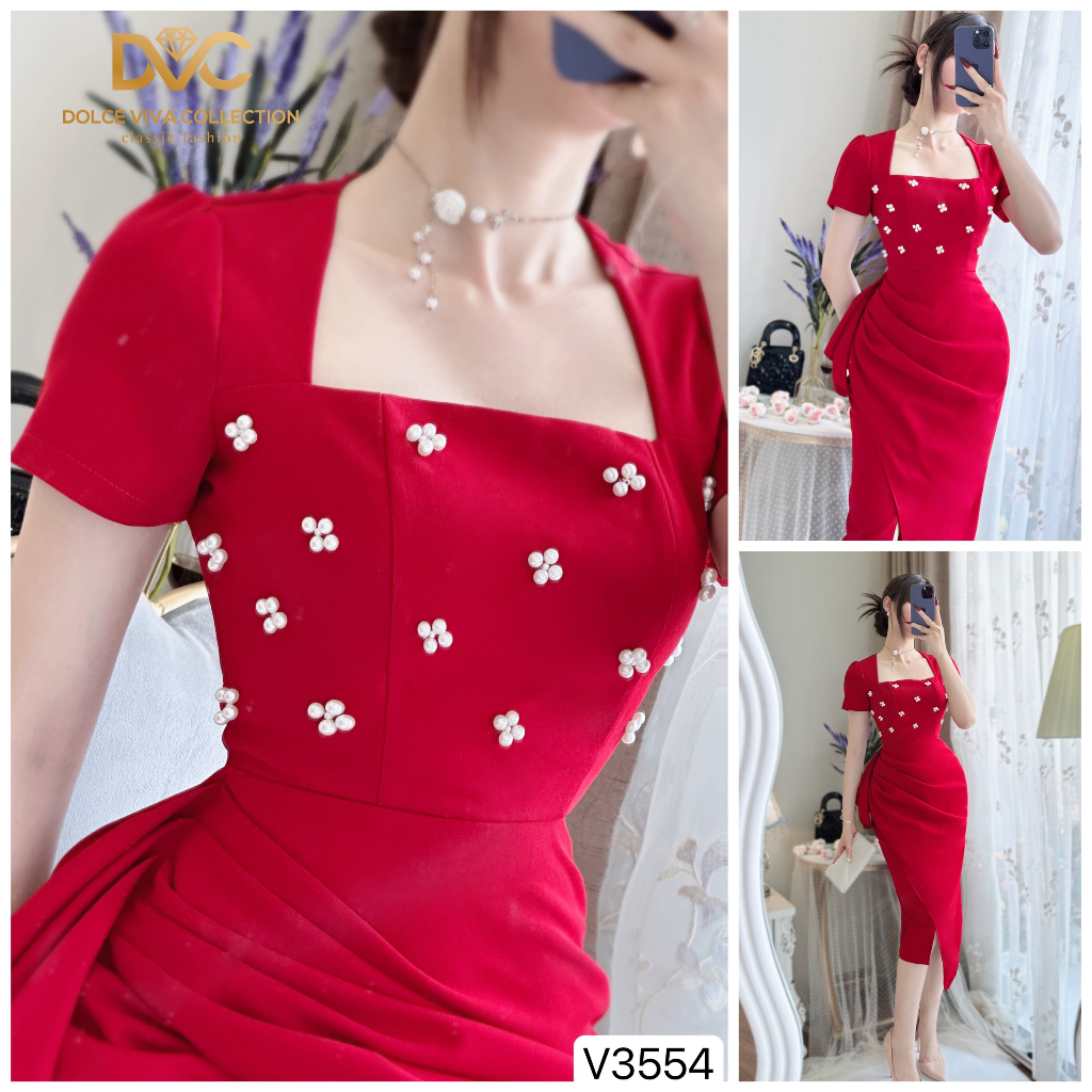 VÁY BODY ĐỎ XẺ TÀ ĐÍNH NGỌC DỰ TIỆC SIÊU TÔN DÁNG V3554 - DVC