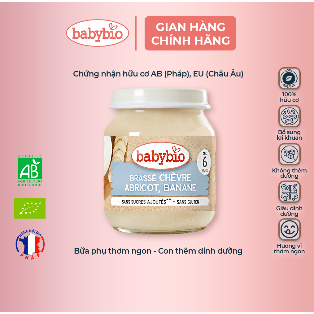 Sữa chua dê hữu cơ cho bé vị mơ, chuối Babybio dạng hũ thuỷ tinh 130g (≥ 6 tháng)