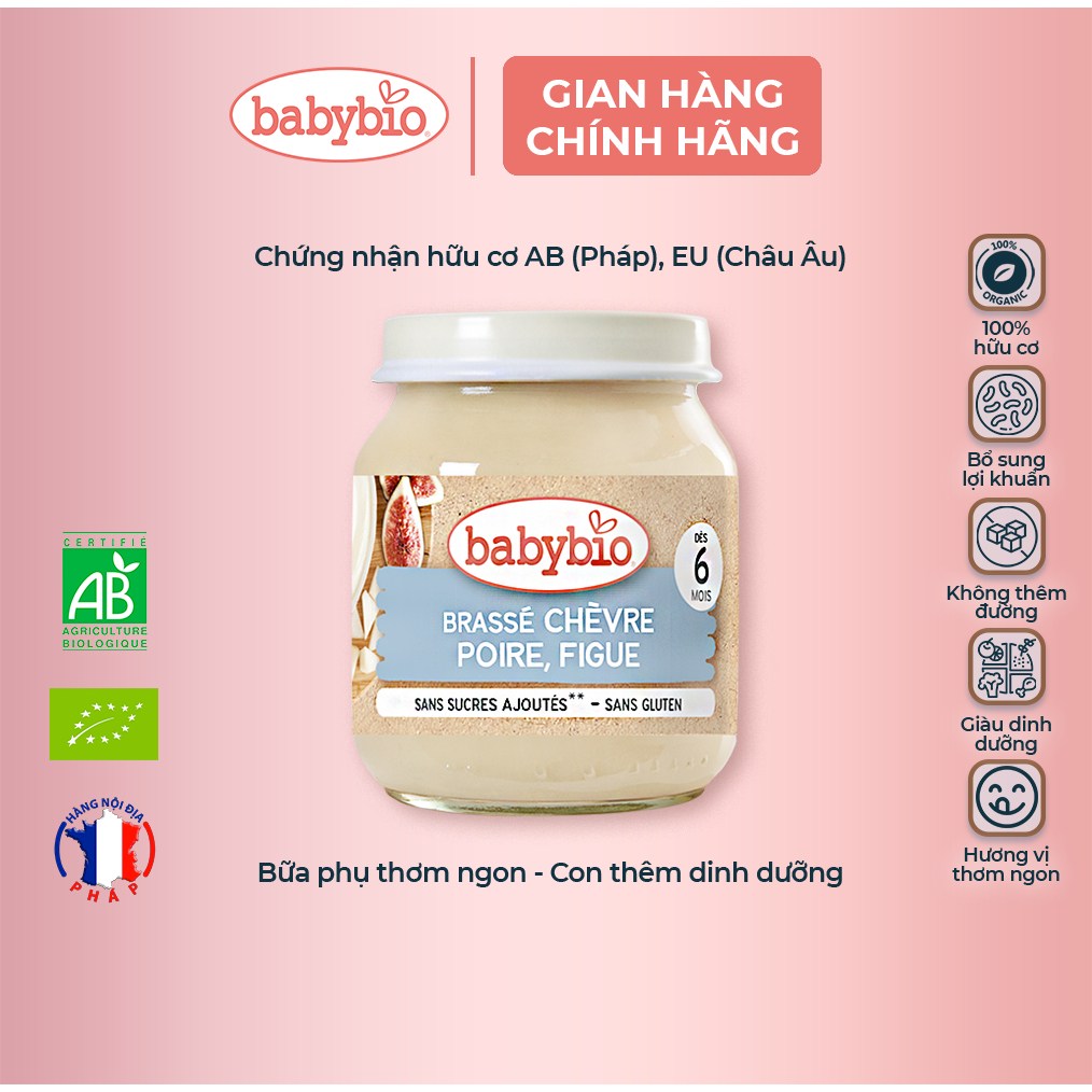 Sữa chua dê hữu cơ cho bé vị lê, sung Babybio dạng hũ thuỷ tinh 130g (≥ 6 tháng)