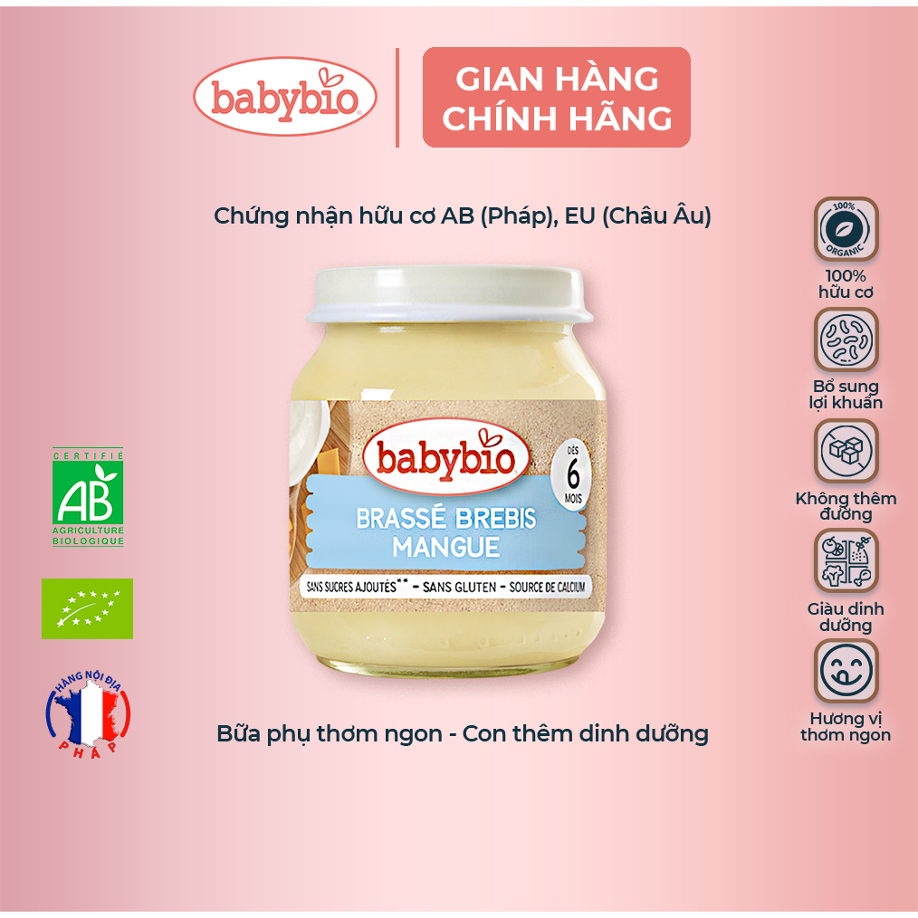 Sữa chua cừu hữu cơ cho bé vị xoài Babybio dạng hũ thuỷ tinh 130g (≥ 6 tháng)