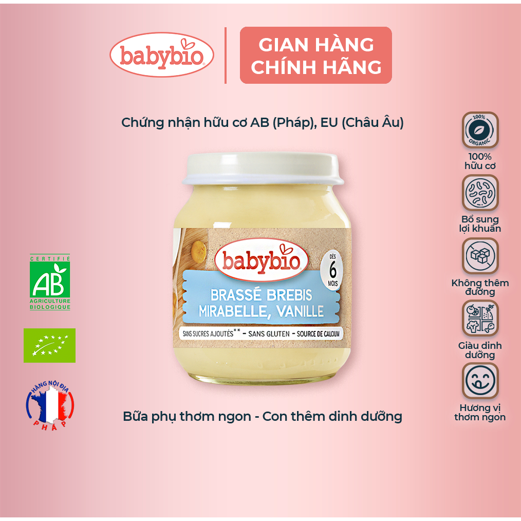 Sữa chua cừu hữu cơ cho bé vị mận, vani Babybio dạng hũ thuỷ tinh 130g (≥ 6 tháng)
