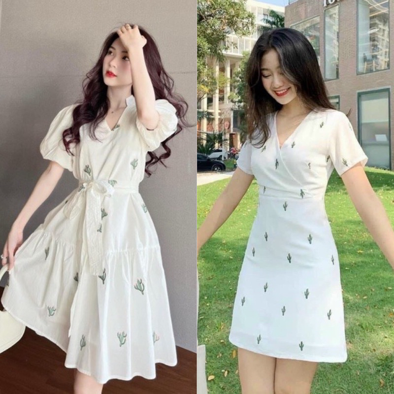 Đầm thêu trắng cổ V