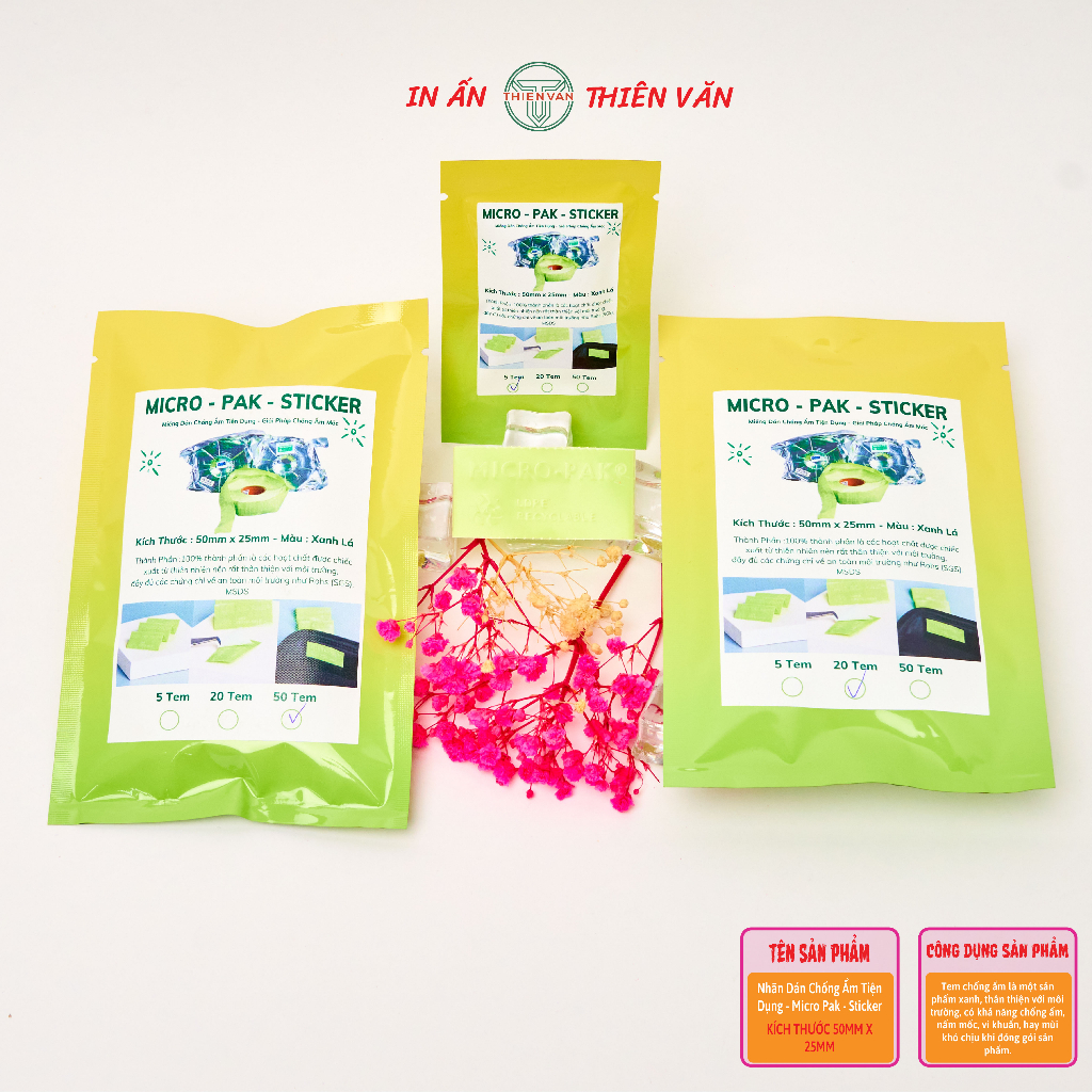 Tem chống ẩm mốc, Miếng dán chống ẩm Micro-Pak Sticker Thien Van, chống ẩm, chống nấm mốc, kháng khuẩn khi đóng gói