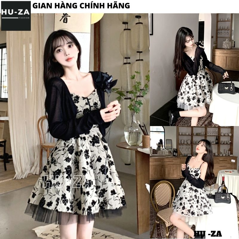 Bộ đầm tiểu thư 2 dây hoa dáng xòe chân ren và áo choàng dài tay - Set váy điệu đà bánh bèo - HUZA SV25