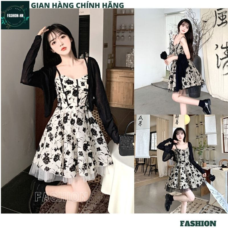 Set đầm hoa nữ váy 2 dây tặng kèm áo choàng ngoài dài tay - Bộ tiểu thư váy xòe chân ren hot - FASHION SV25