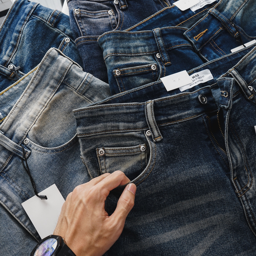 Quần Jean Nam Xuất Khẩu slimfit tôn dáng màu xanh chất bò co giãn xịn