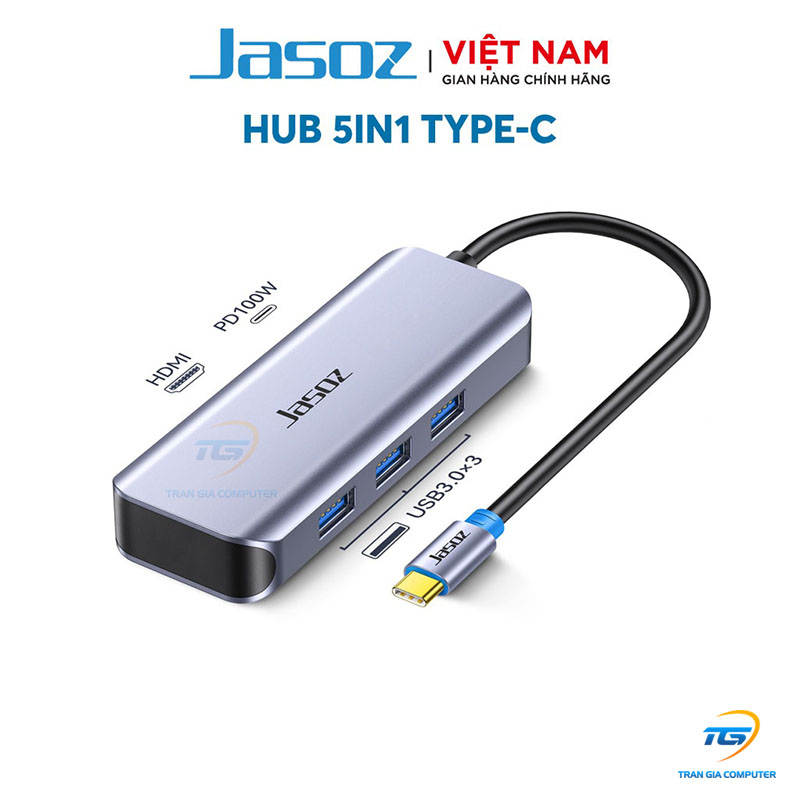 HUB Type C 5 in 1 USB Type C to HDMI, PD100W, 3xUSB 3.0 dài 17cm JASOZ T-H109
