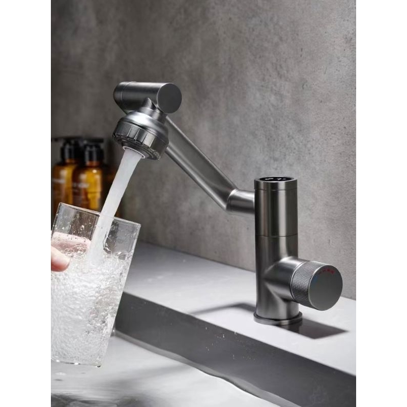 Vòi lavabo nóng lạnh xoay 720 độ, Đồng thau mạ chân không màu ghi