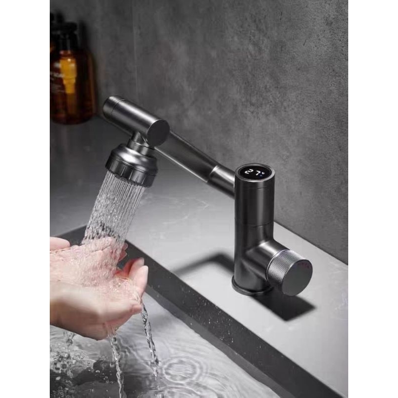 Vòi lavabo nóng lạnh xoay 720 độ, Đồng thau mạ chân không màu ghi