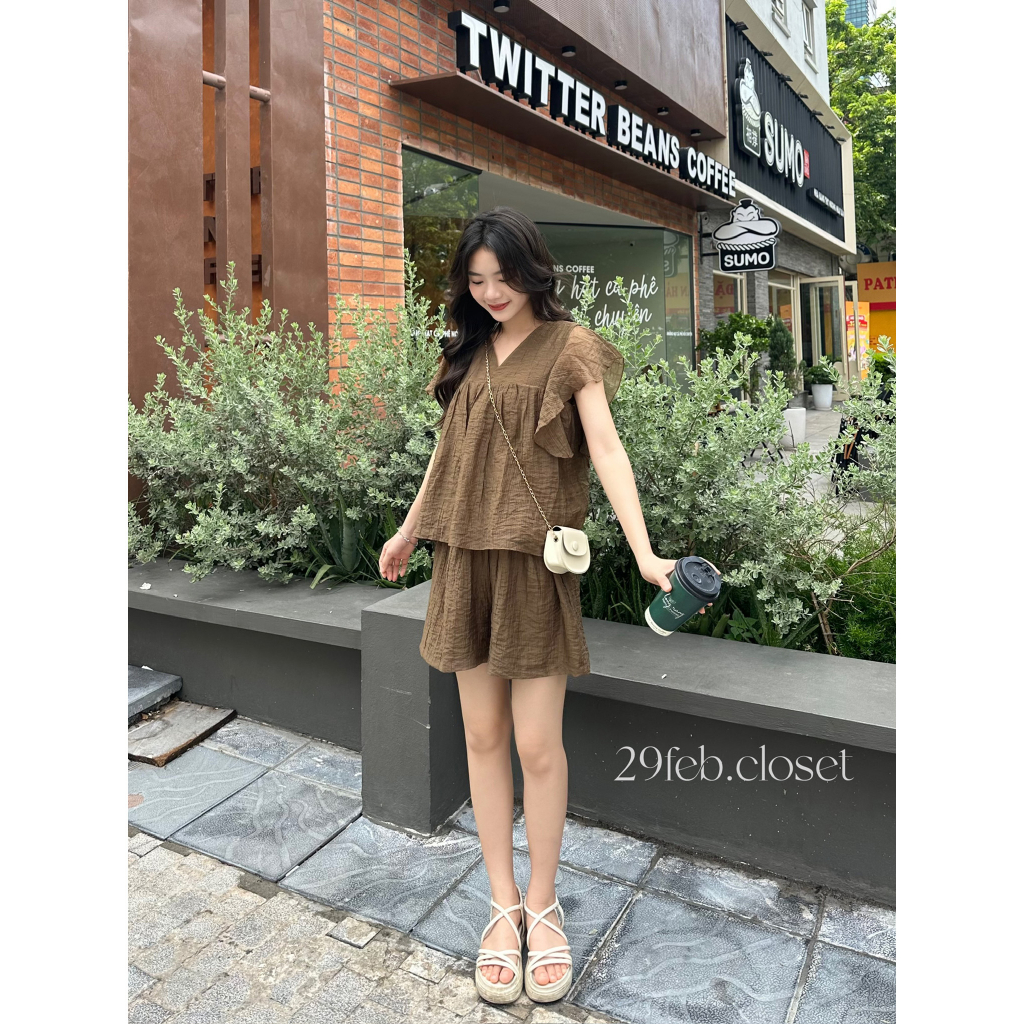Set áo babydoll tay bèo kèm quần đùi short 29feb.closet cổ V 2 lớp chất voan tơ mềm mại form rộng mùa hè - S106