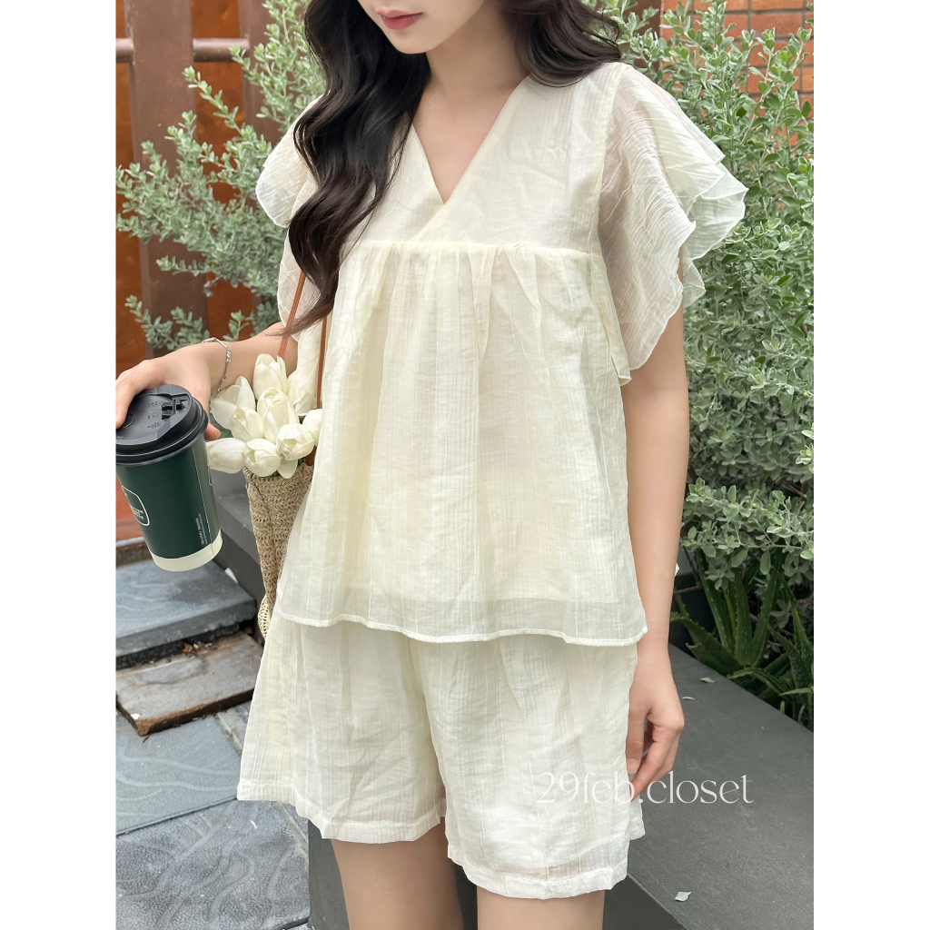 Set áo babydoll tay bèo kèm quần đùi short 29feb.closet cổ V 2 lớp chất voan tơ mềm mại form rộng mùa hè - S106