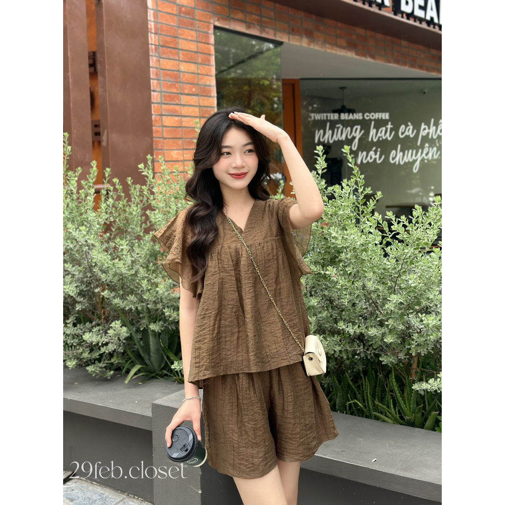 Set áo babydoll tay bèo kèm quần đùi short 29feb.closet cổ V 2 lớp chất voan tơ mềm mại form rộng mùa hè - S106