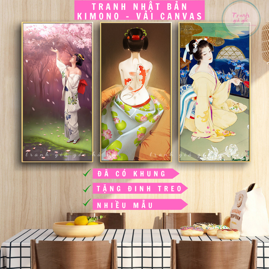 Tranh trang trí nhà hàng Nhật Bản hình cô gái Nhật Kimono cổ trang vải canvas có khung cao cấp kèm đinh treo