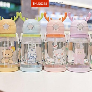 Bình nước cho bé bình đựng nước sừng hươu cho bé dung tích 600ml bình nhựa họa tiết hoạt hình dễ thương