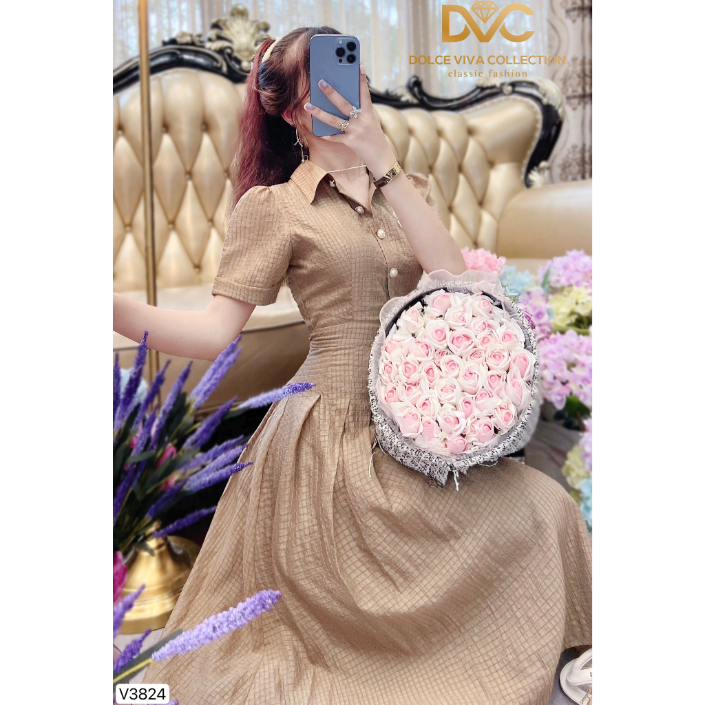 VÁY NÂU CỔ MI CÚC NGỌC DÁNG XẾP LY MẶC ĐI LÀM, ĐI CHƠI V3824 - DVC
