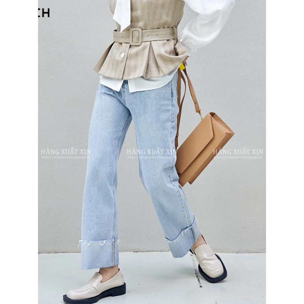 Quần jean suông culottes LE..VIS gập gấu hàng dư xịn vải jean co giãn màu siêu đẹp