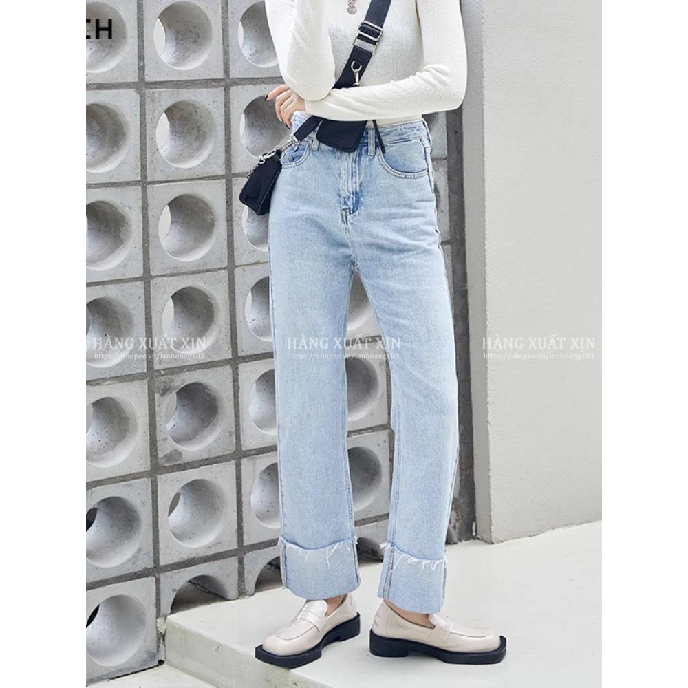 Quần jean suông culottes LE..VIS gập gấu hàng dư xịn vải jean co giãn màu siêu đẹp